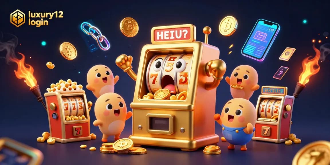 Spin the reels with luxury12 login at the vibrant casino scene filled with golden slot machines and crypto elements.