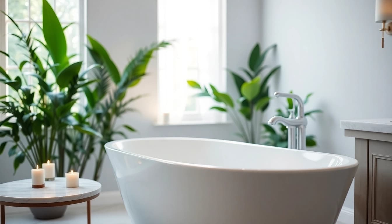 Transform your space with elegant bathrooms featuring a luxurious soaking tub and serene ambiance.
