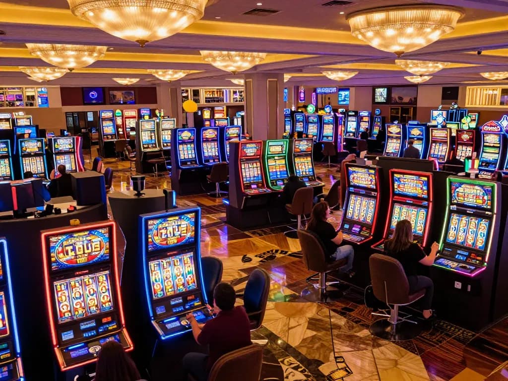 Players spinning SLOT machines in a vibrant casino atmosphere, celebrating wins under bright neon lights.