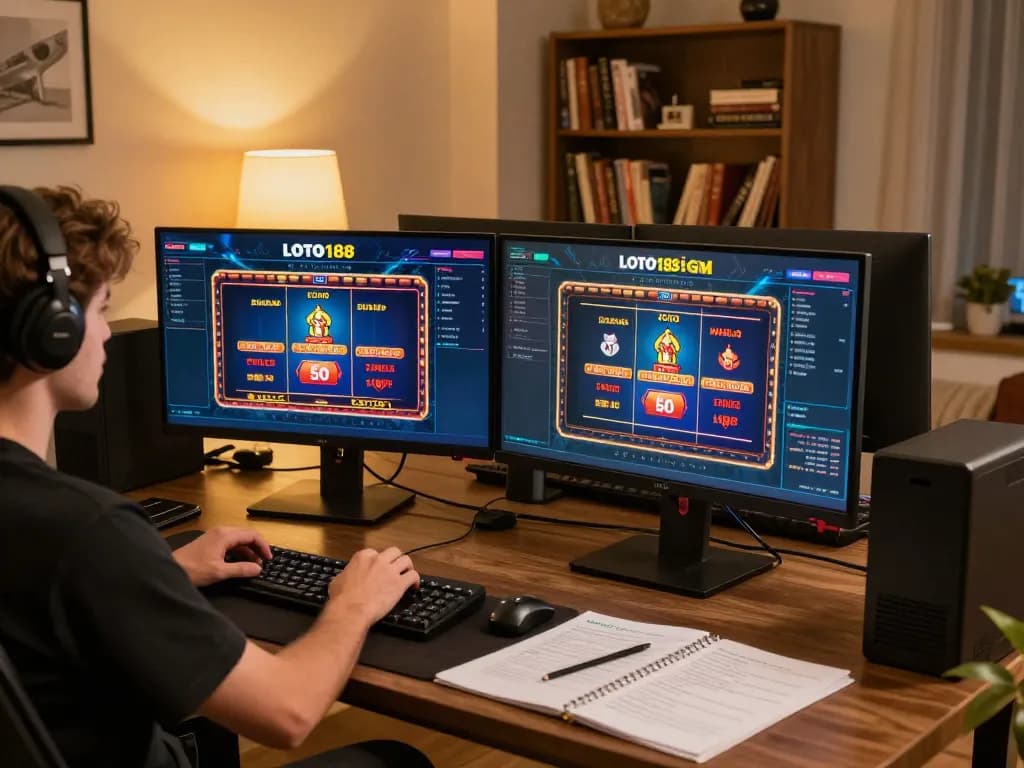 Engaging with LOTO188 COM while playing favorite casino games in a cozy home setting.