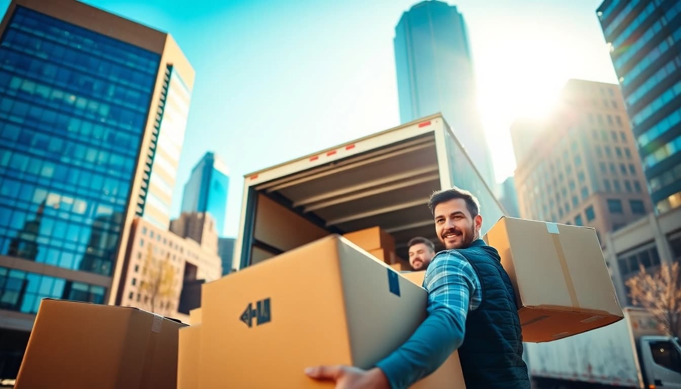 Moving companies in Detroit efficiently loading a truck in a bustling urban environment.