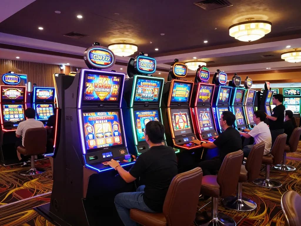 Engaged players at colorful slot gacor 777 machines, hitting spin buttons in a lively casino.