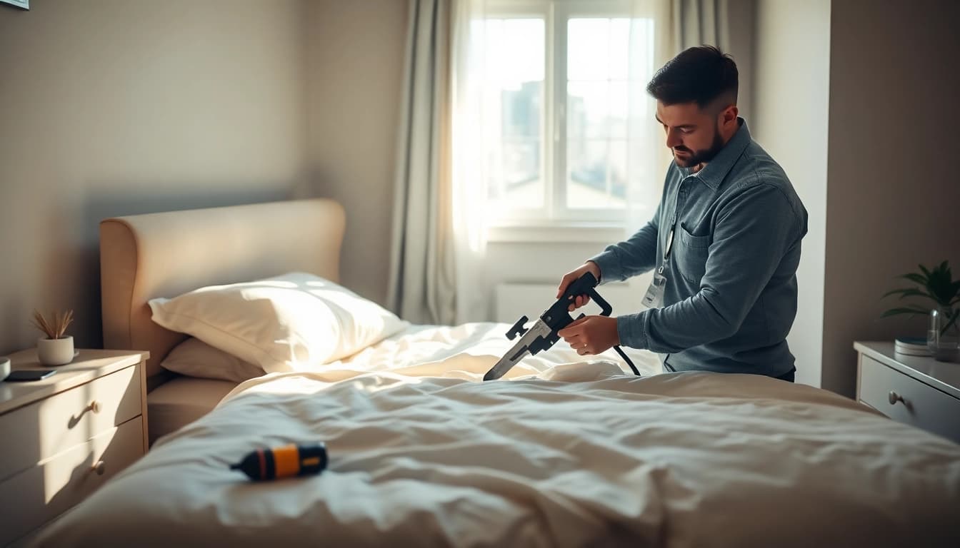 Implementing bed bug control measures by a professional in a well-lit bedroom setting.