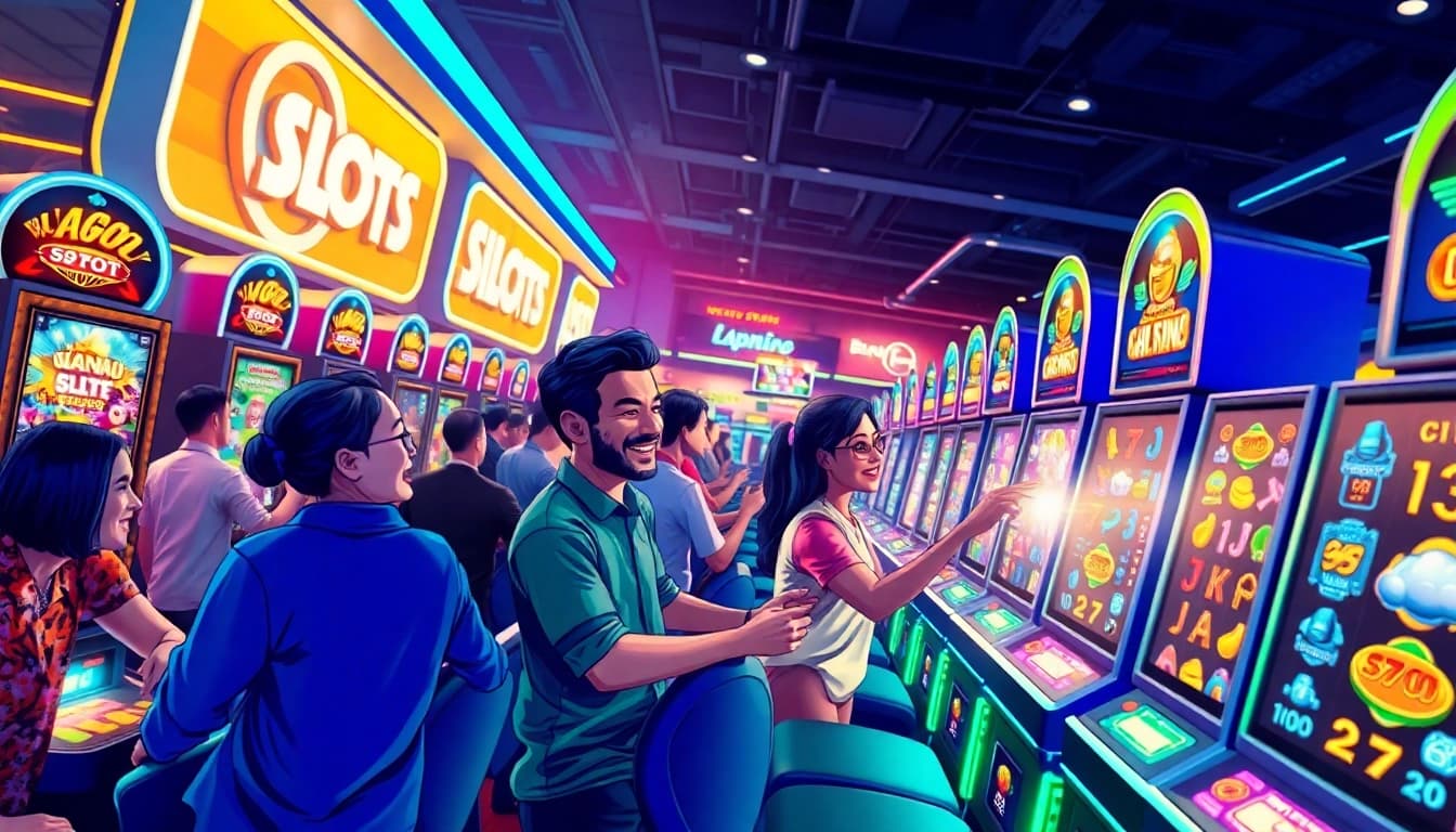 Mainkan situs slot gacor dengan pemain yang antusias dan mesin slot berwarna-warni.