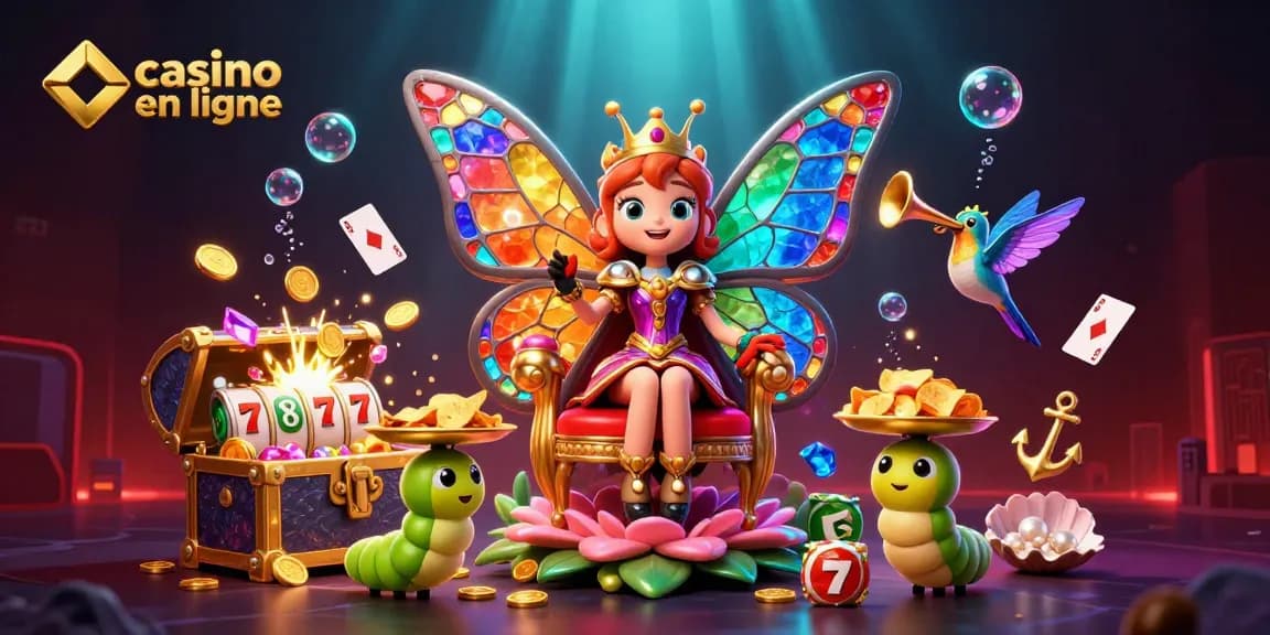 Jouez au casino en ligne avec la reine des papillons, entourée de trésors et de cartes.