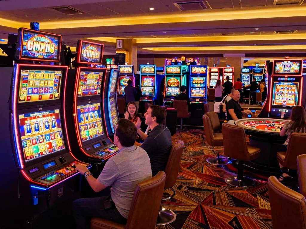 Kerumunan menarik di HOKI77 menang di mesin slot di kasino hotelleonardvinci.
