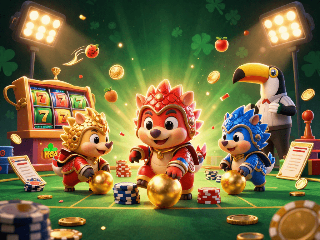 Engage with winbox88 as rival pangolins bowl through poker chips in this lively casino scene.
