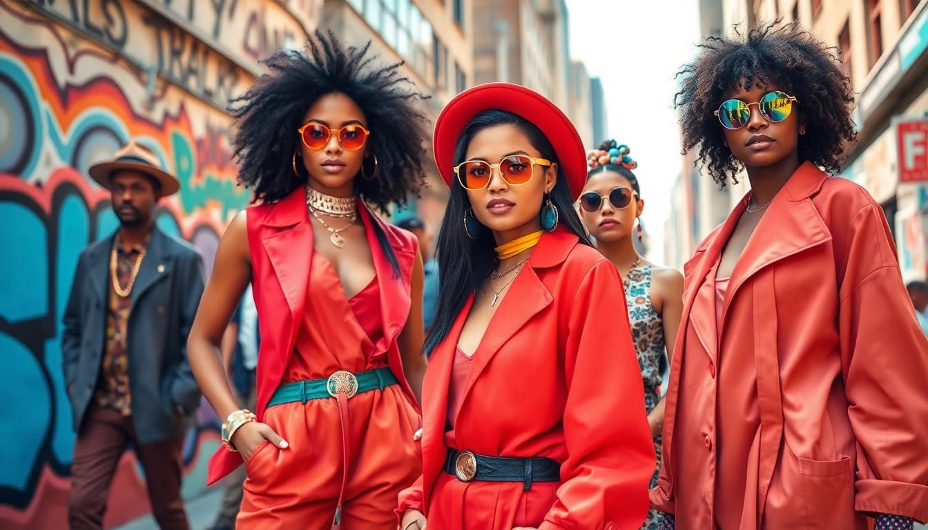 Fashion-forward individuals showcasing vibrant styles in an urban outdoor setting.
