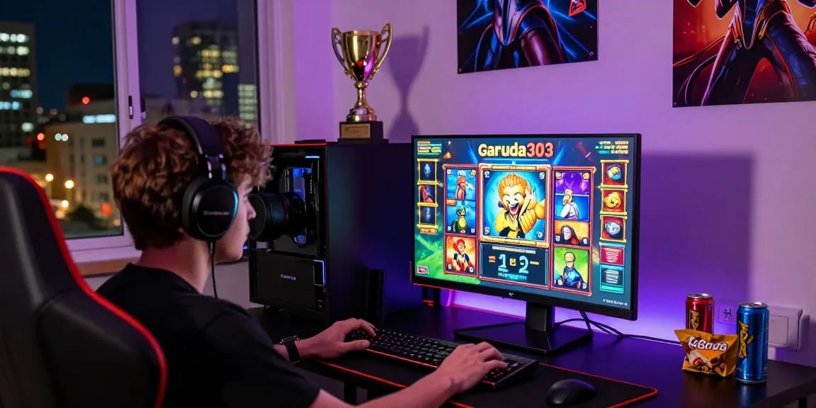 Exciting garuda303 slot gaming scene with player engaged at a modern setup.