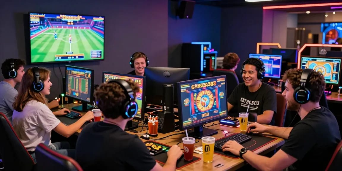 Friends enjoying the garuda303 slot gaming experience in a vibrant setting with colorful lights and gaming peripherals.