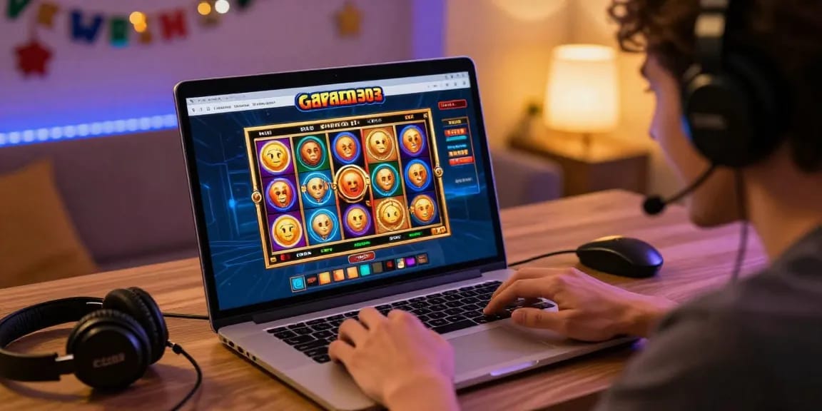 Engaging user playing garuda303 slot games at home, celebrating big wins.