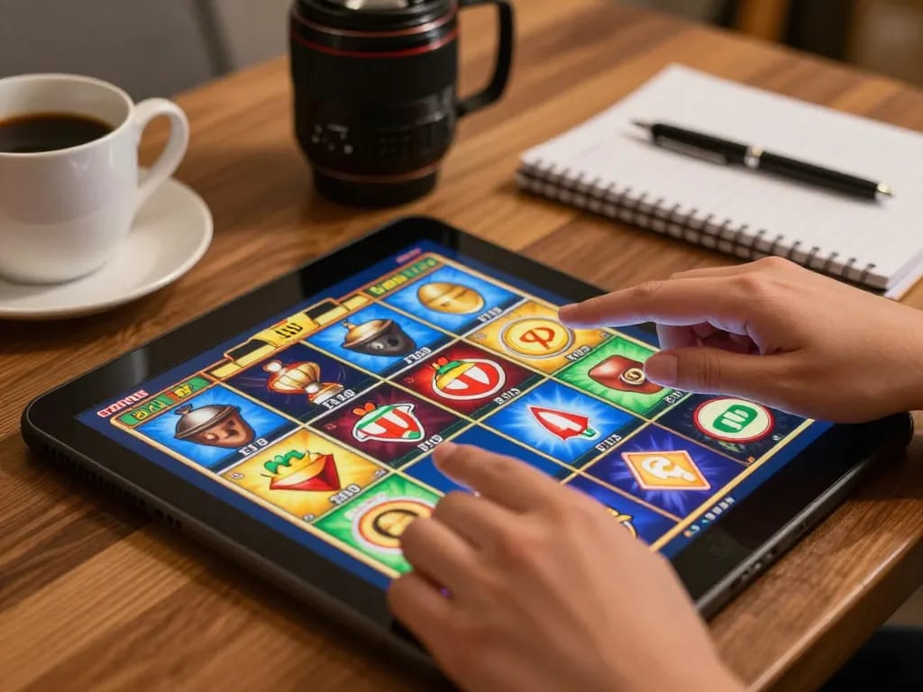 Engaging สล็อต online gaming experience on tablet in a cozy home setting.