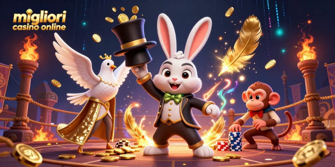 Scopri i migliori casino online attraverso un'illustrazione vivace con un coniglio magico e monete d'oro.