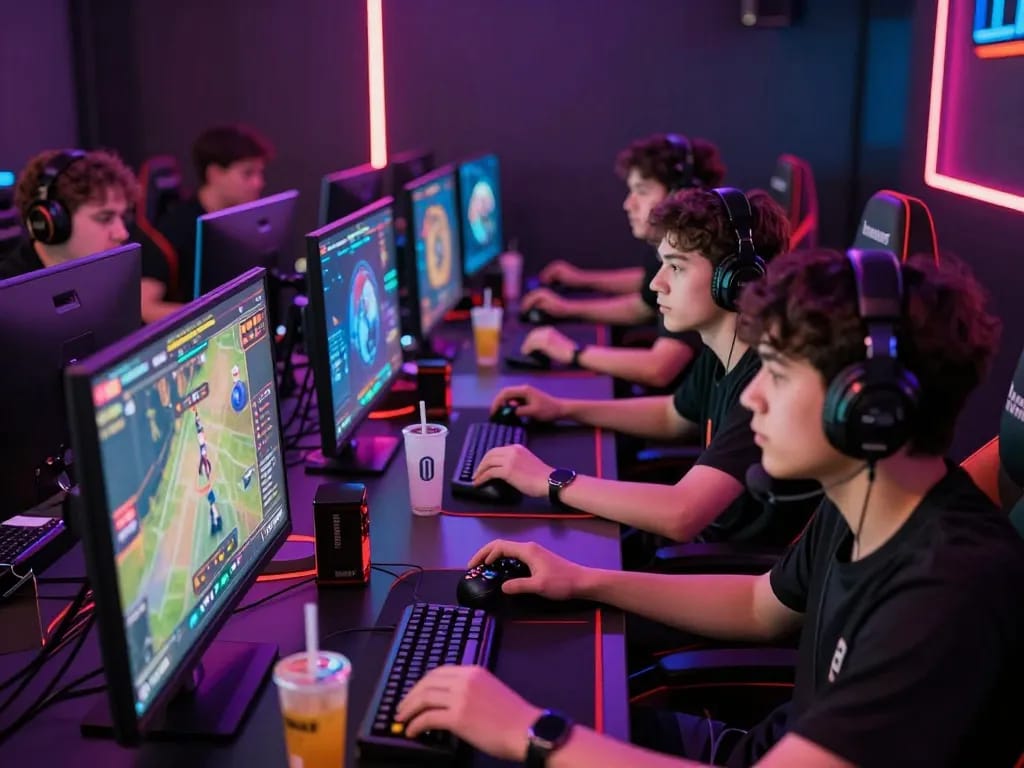 Engaging esports betting atmosphere at hubet88 with vibrant gamers analyzing stats and enjoying nổ hũ hubet88.