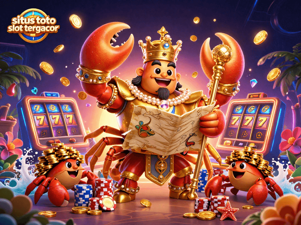 Spin the reels at situs toto slot tergacor with the golden crab emperor in a vibrant casino scene.