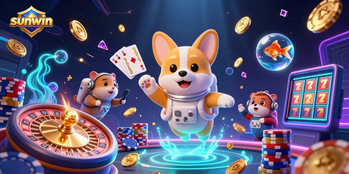 Experience thrilling action in sunwin's casino with flying chips and vibrant characters.