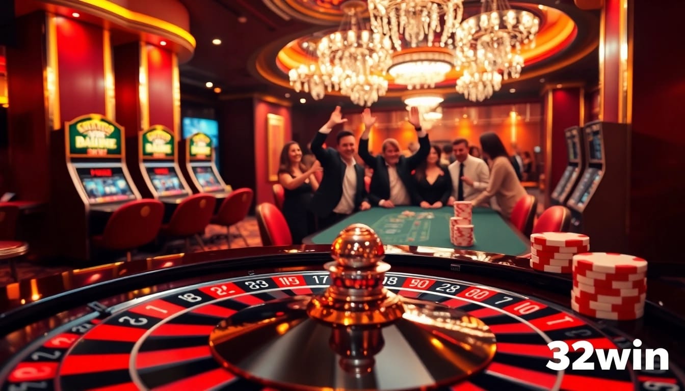 Experience the thrill of gambling at 32win's luxurious casino with vibrant roulette and excited players.