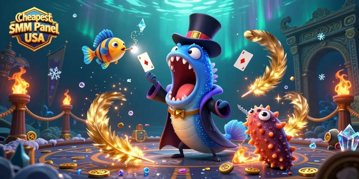 Engage with the Cheapest SMM Panel USA through a dynamic casino-themed illustration featuring a magician eel and light-catching anglerfish.