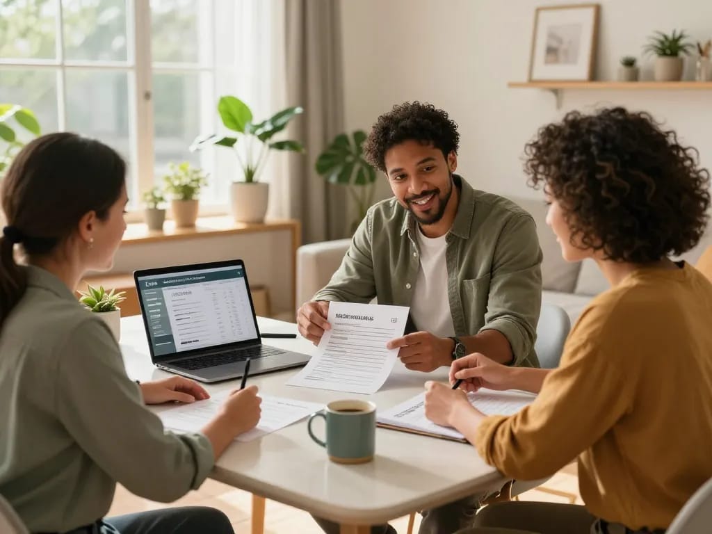 We buy houses consultation with diverse adults reviewing documents at home, showcasing inviting atmosphere.