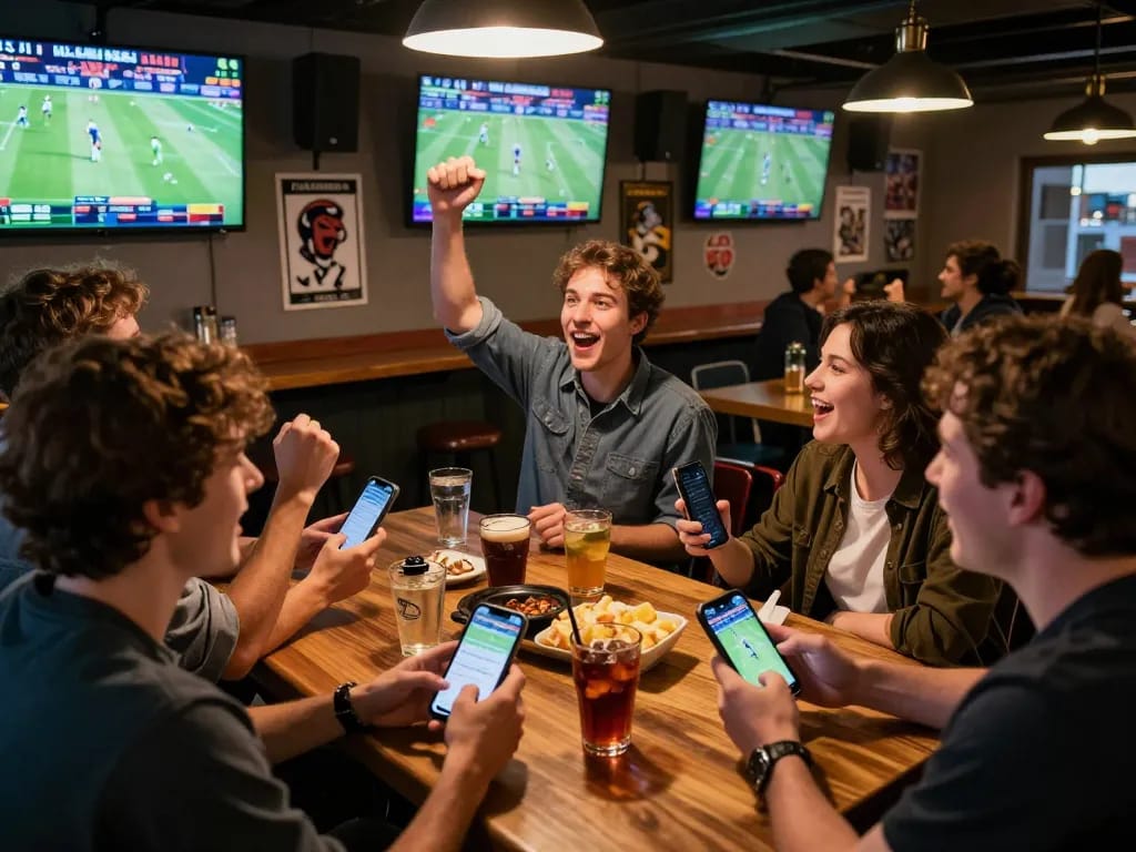 Saba Sports NET88 live sports betting excitement with friends enjoying streaming games in a lively bar atmosphere.