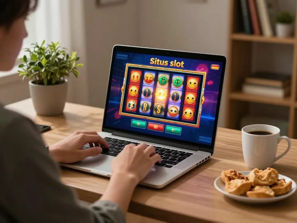 Engaging in situs slot gameplay on a laptop at home, showcasing vibrant slot machine interface and cozy atmosphere.