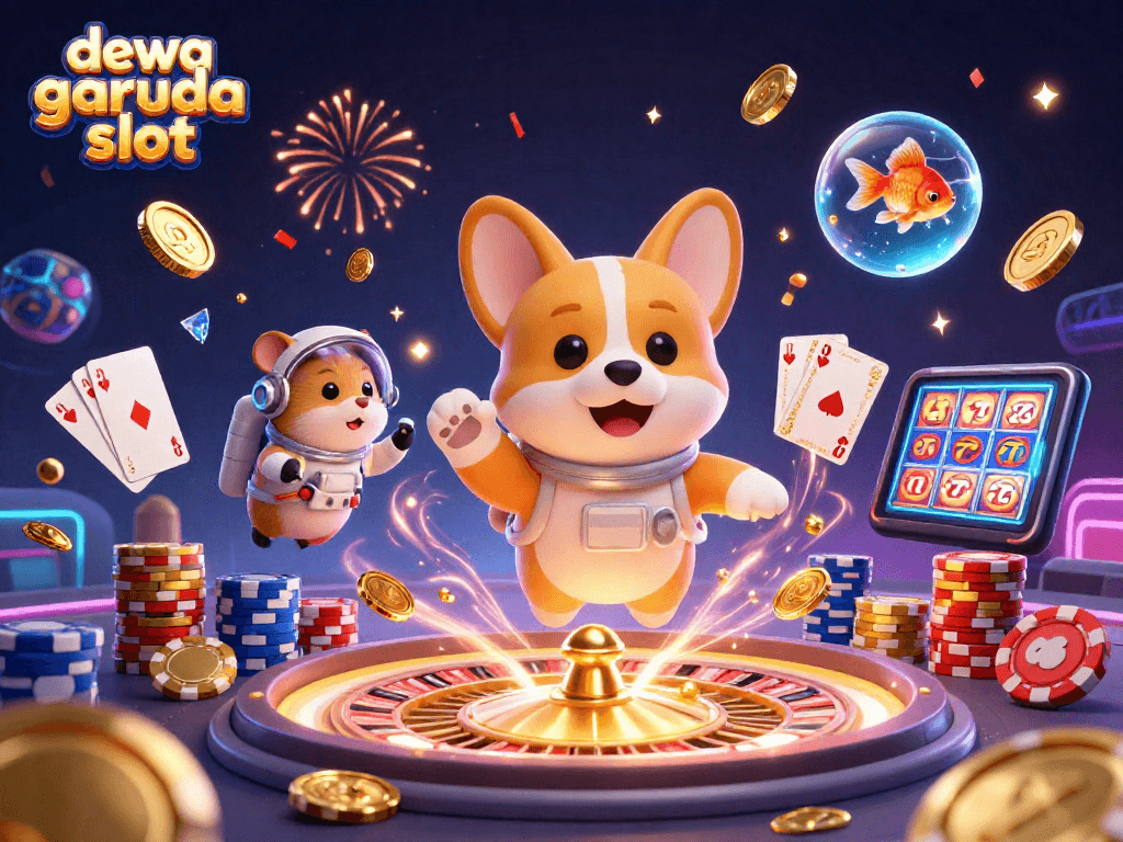 Bermain slot secara menyenangkan dengan dewa garuda slot dalam ilustrasi kasino luar angkasa yang berwarna-warni.