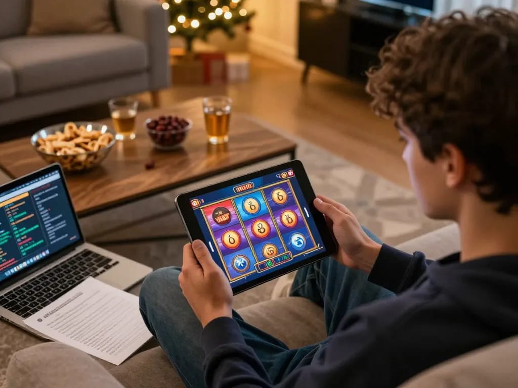 Iwin 68 players enjoying casino gaming on a tablet at home with a cozy ambiance