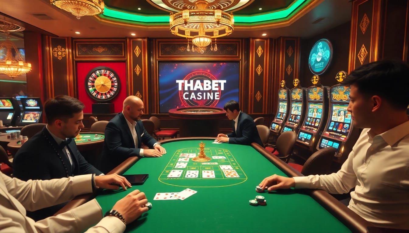 Engaging scene of THABET casino with luxury poker tables and vibrant slot machines.