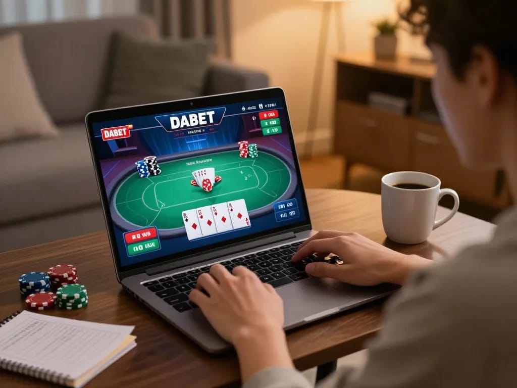 DABET player engaging in an exciting online poker game from a cozy home setup, showcasing gameplay strategy and comfort.