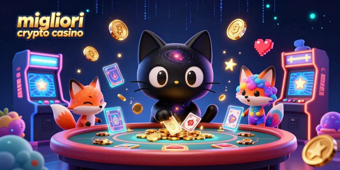 Migliori crypto casino: illustrazione 3D di un gatto nero galattico in un tavolo da gioco, circondato da elementi di gioco e criptovalute.