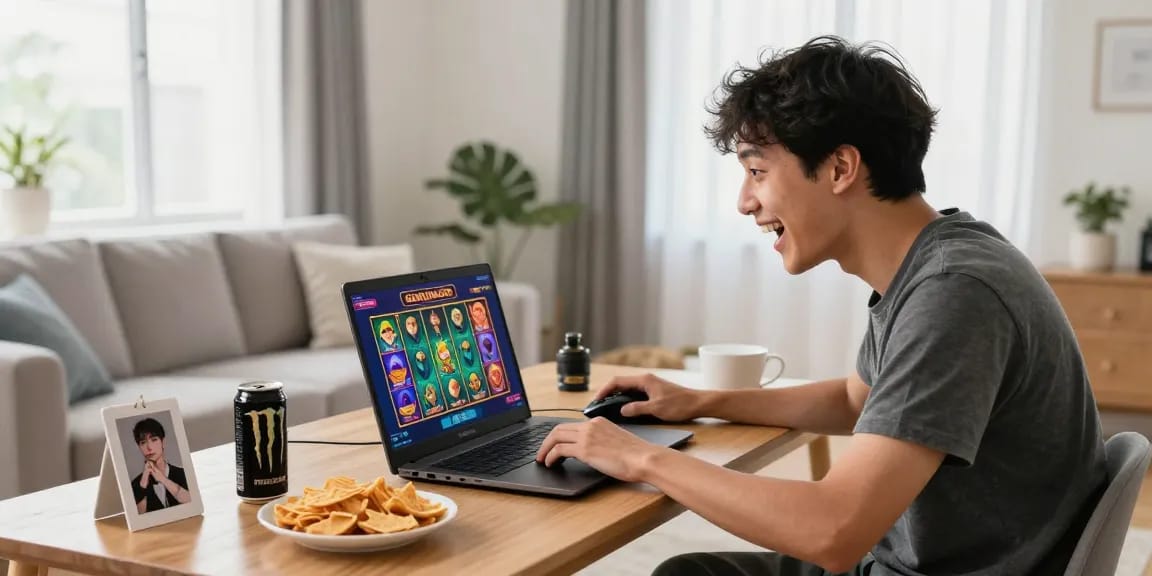 Excited player enjoying garuda303 slot on laptop in cozy home setup.