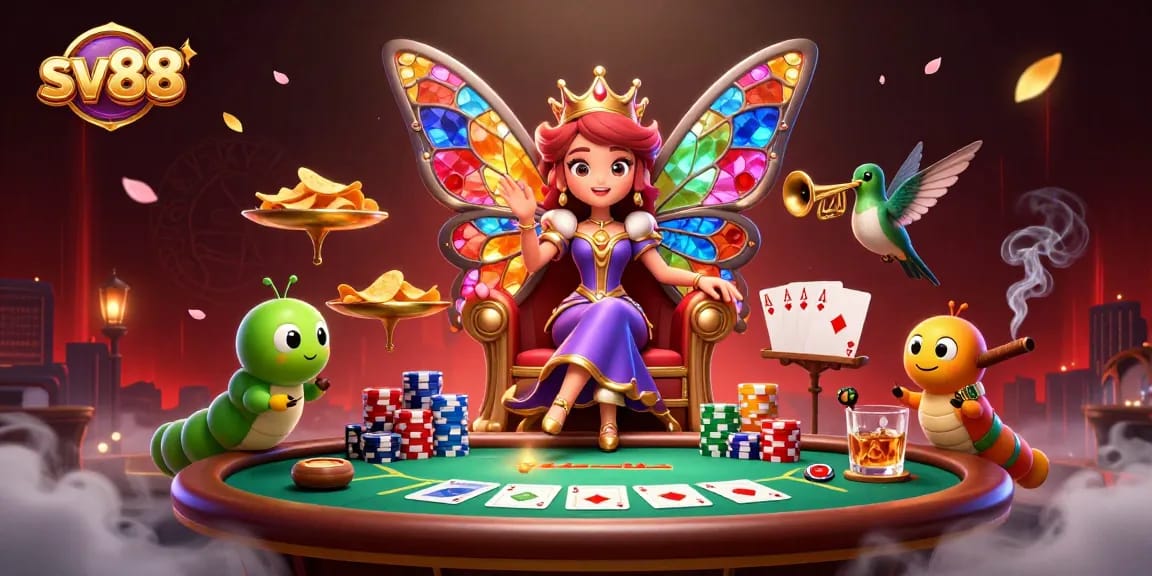 Experience thrilling wins at sv88 with a vibrant illustration featuring a butterfly queen in a dynamic casino setting.