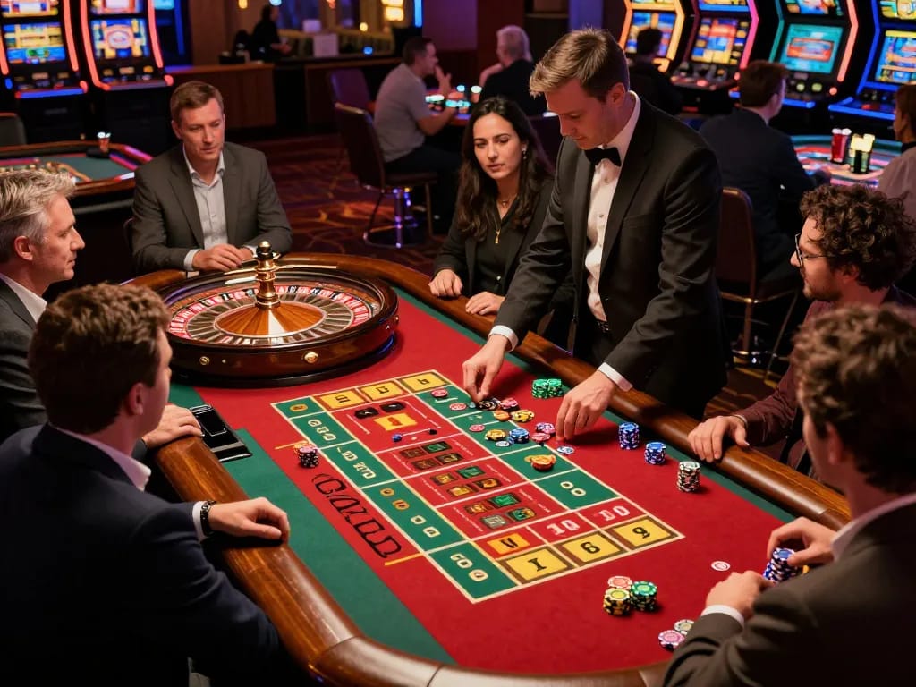 Permainan roulette yang menarik di kasino dengan pemain yang menyaksikan aksi, menunjukkan kegembiraan paris888.