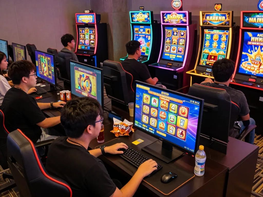 Exciting online gaming experience with friends enjoying slot gacor hari ini in a vibrant home setting