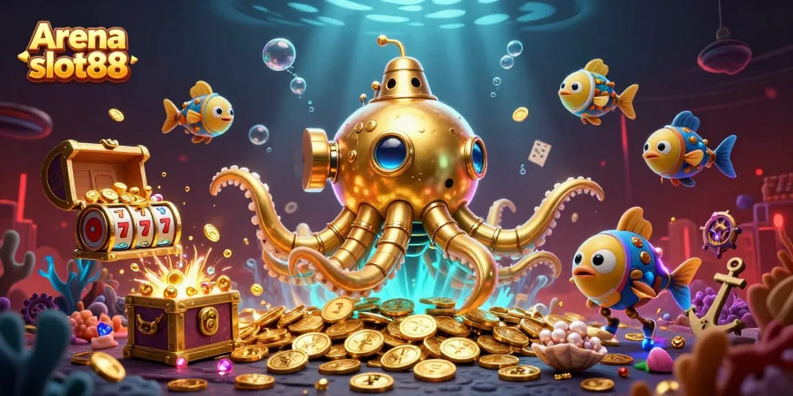 Menampilkan Arena slot88, ilustrasi 3D dengan monster kraken, uang emas, dan elemen kasino.