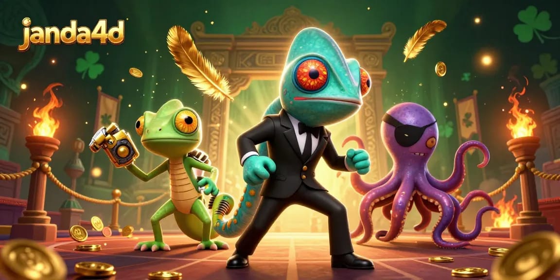 Taruhan di janda4d dengan chameleon agen rahasia, gecko cerdas, dan gurita jahat dalam ilustrasi 3D