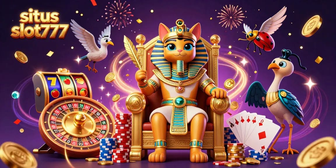 Experience situs slot777 with vibrant slot reels and a pharaoh cat in a thrilling casino adventure.