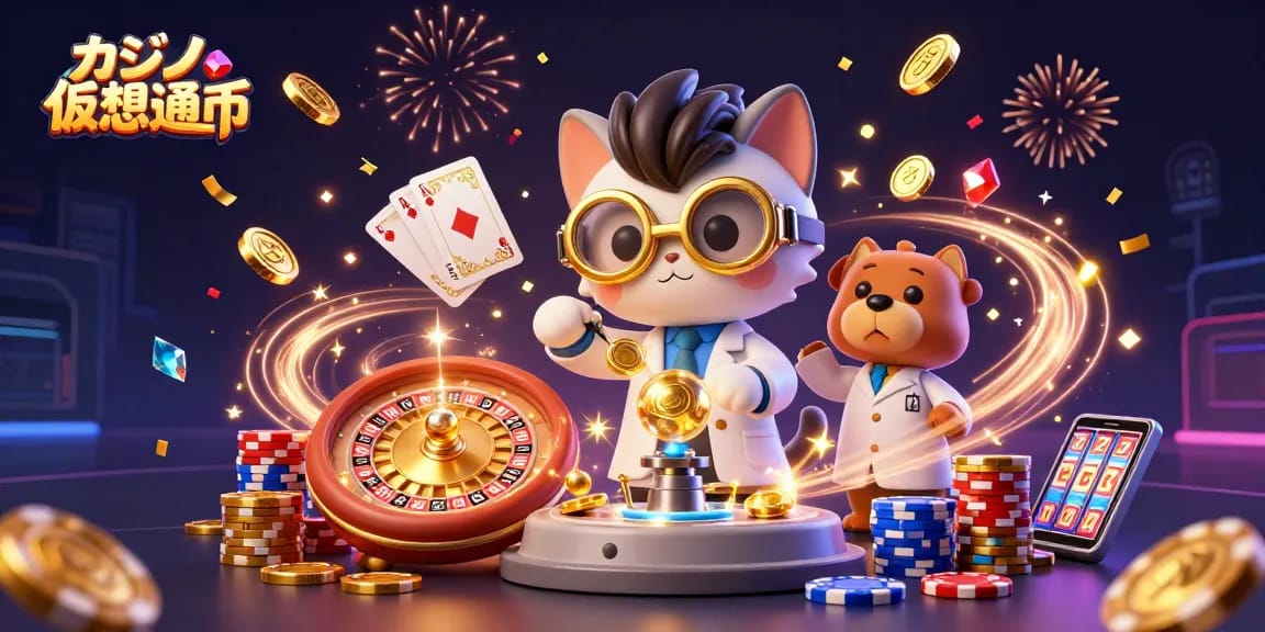 カジノ仮想通貨の世界で、猫の科学者が金貨を創造する雰囲気を伝えるイラスト