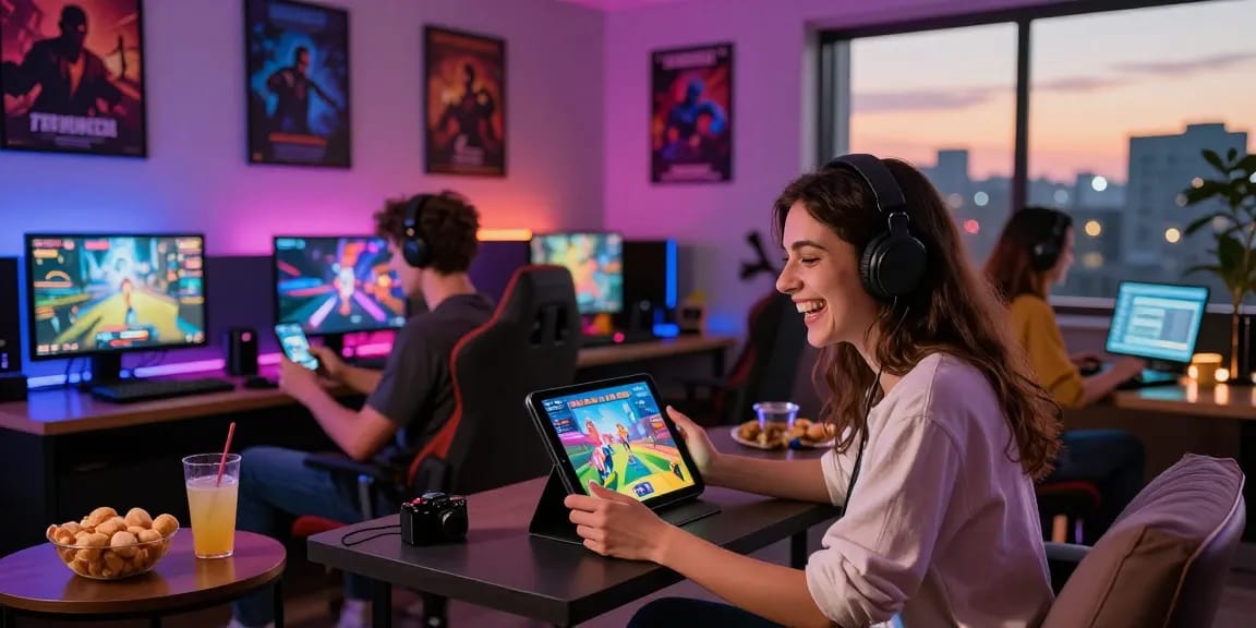 Friends enjoying an adult game session on multiple devices in a vibrant gaming lounge