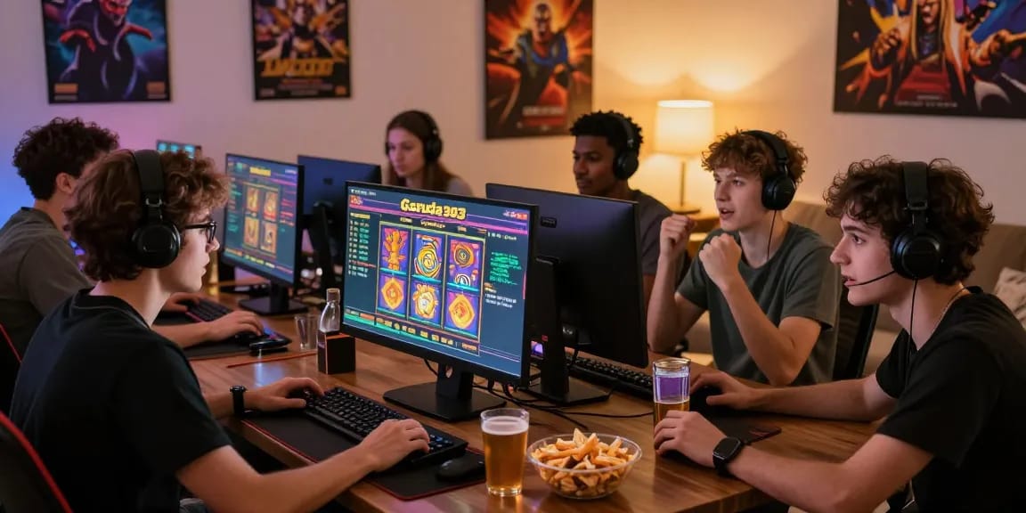 Dynamic online gaming with friends enjoying garuda303 slot games in a cozy setting.