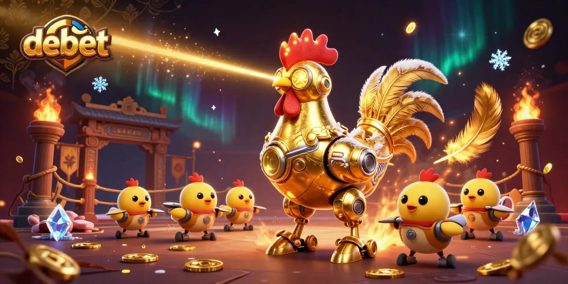 Experience the thrilling debet betting action alongside a golden rooster robot in a vibrant casino landscape.