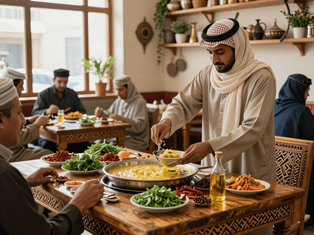 قھوجیین وصبابین الریاض يُعدّون وجبة شهية في مقهى تقليدي يجسد الثقافة السعودية.