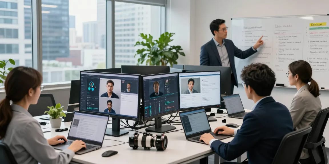 Team using ai detector for content moderation in a modern office.