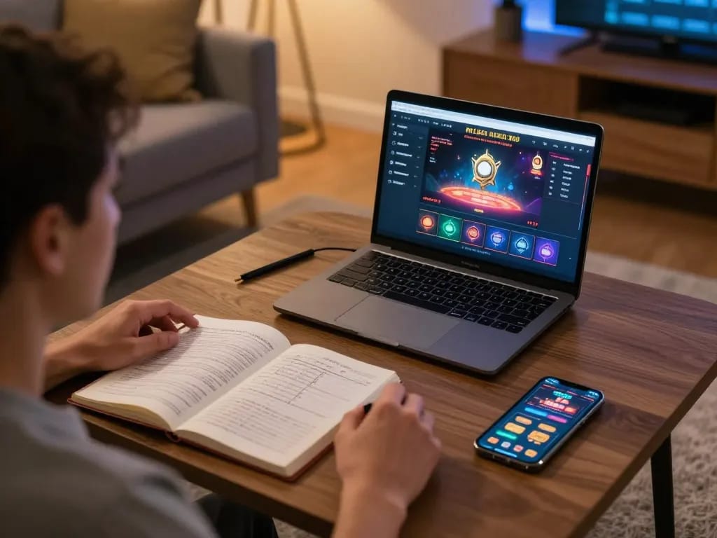 Catching the excitement at casino americani online with a player navigating a gaming interface in a cozy home environment
