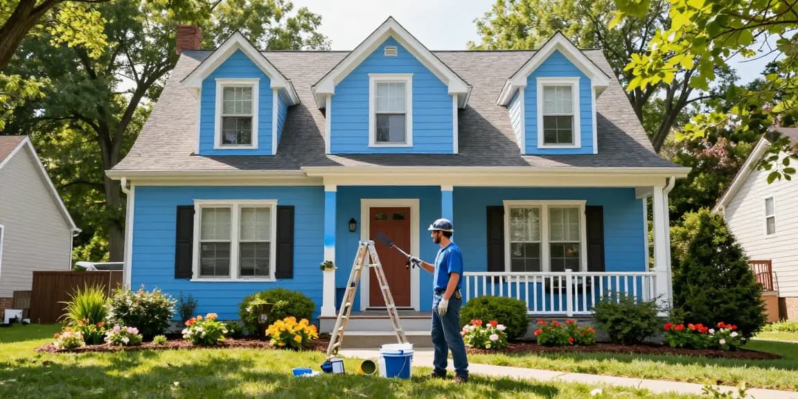 House painters Columbus Ohio painting a charming home exterior with vibrant colors amidst a beautiful garden.