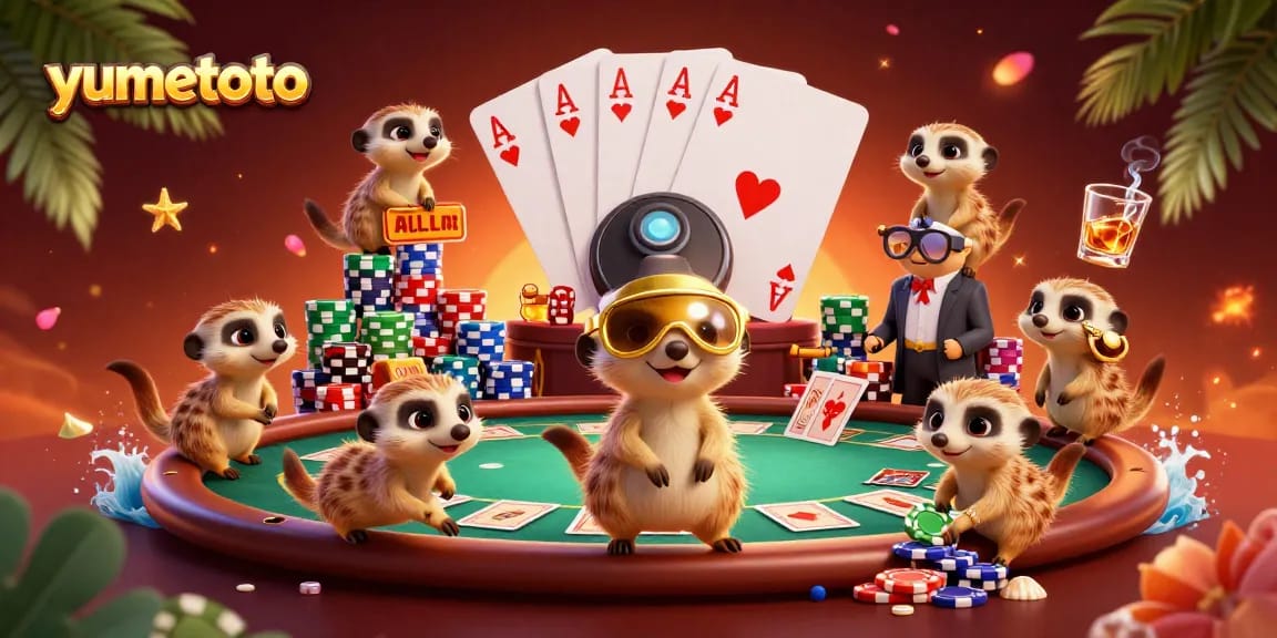 Raih kemenangan besar di yumetoto dengan kasino yang dipimpin oleh meerkat, menampilkan suasana yang penuh warna dan aktif.