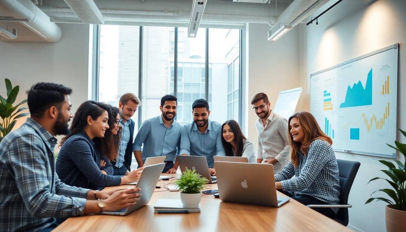Pracownicy w biurze rankingo współpracują nad strategią marketingową.