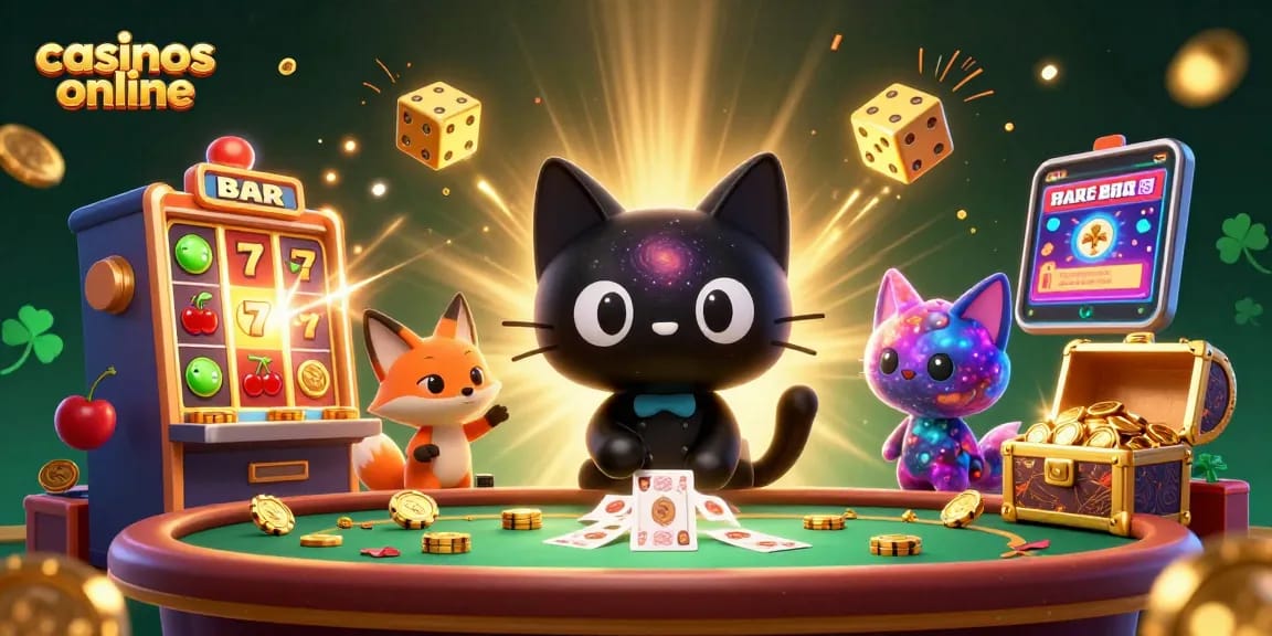 Disfruta de la emoción de los casinos online con una ilustración vibrante de un gato en una mesa cósmica de casino.