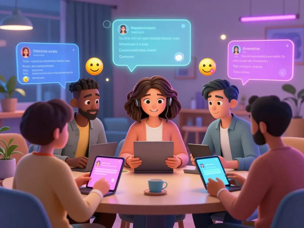 Interactive scene showcasing sex chat AI with diverse chatbots and users in personalized conversations, reflecting modern digital companionship.