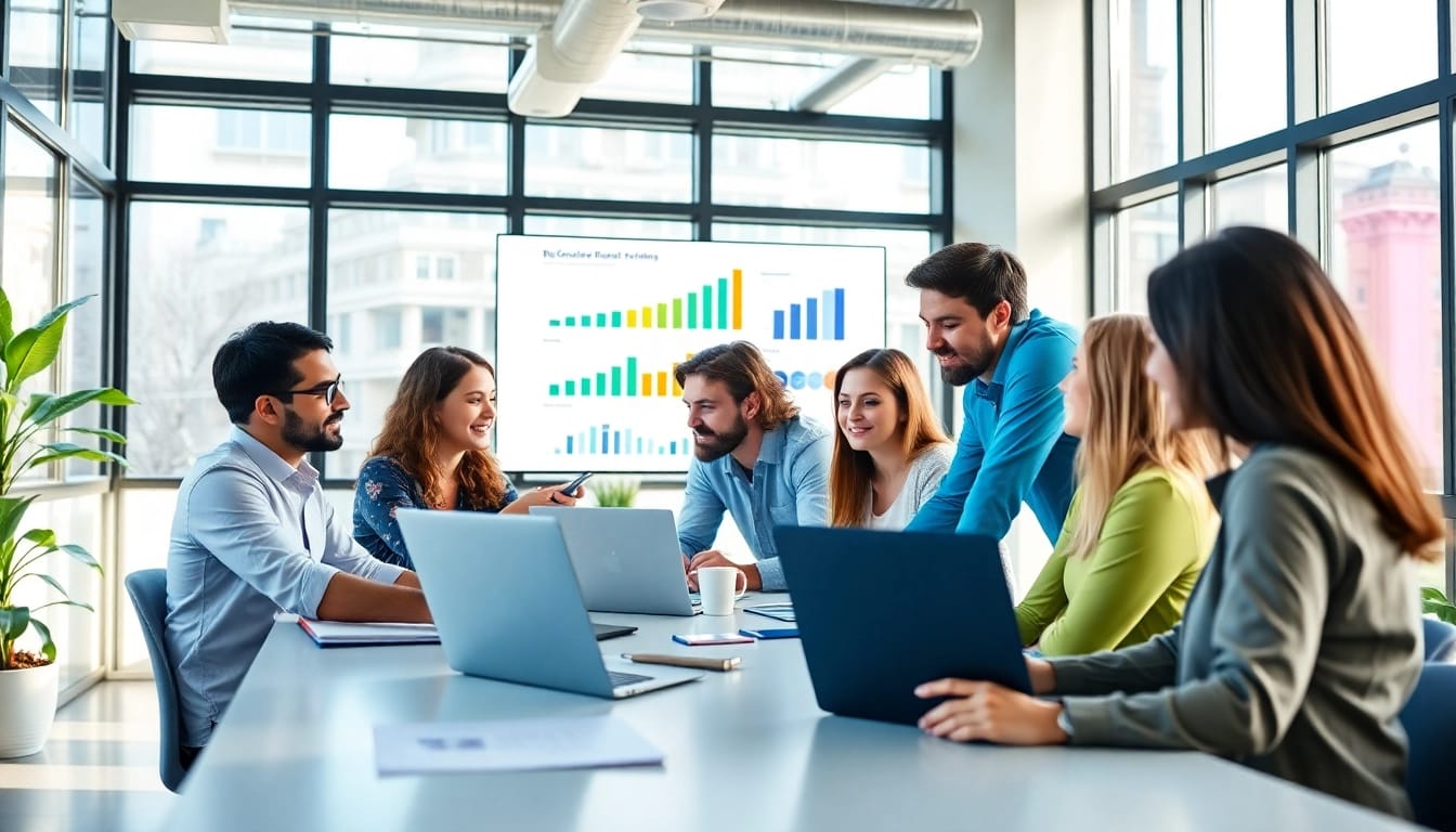 Engaging digital marketing company team collaborating in a bright workspace.